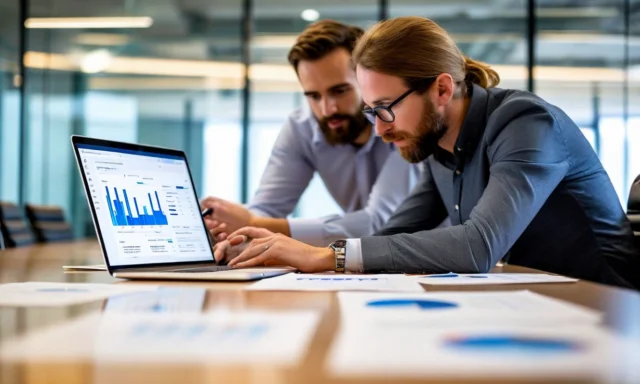 Two professionals reviewing project deliverables in meeting room